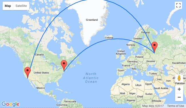 墨卡托投影地图上从洛杉矶到莫斯科、纽约到莫斯科的飞行路线。