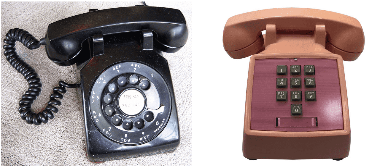 左图，早期使用脉冲拨号的转拨盘式电话；右图，贝尔实验室于 1963 年推出的世界第一台按键电话 WE 1500