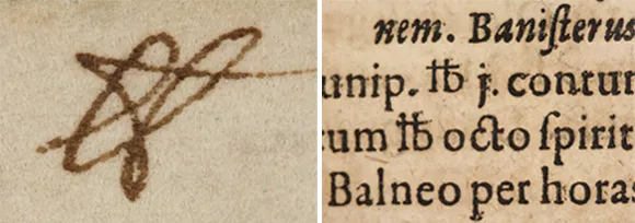 左图是 Isaac Newton 所写下的 ℔ 符号，右图是它出现在 1698 年印刷品中的样子。